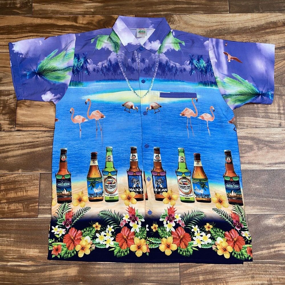 Happy Bay Hawaiian Beer Beach All Over Print Flamingo Collar Button Shirt Size S
